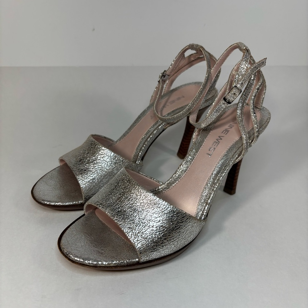 Elegant Silver crinkle upper leather High Heel Sandals Nine‎ West glam - Picture 6 of 7